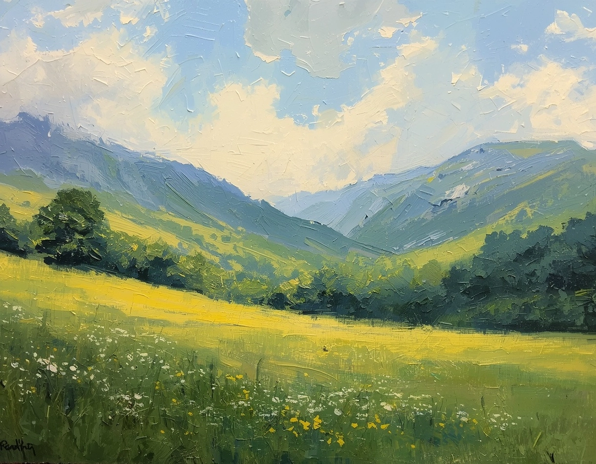 Painting of a green valley landscape