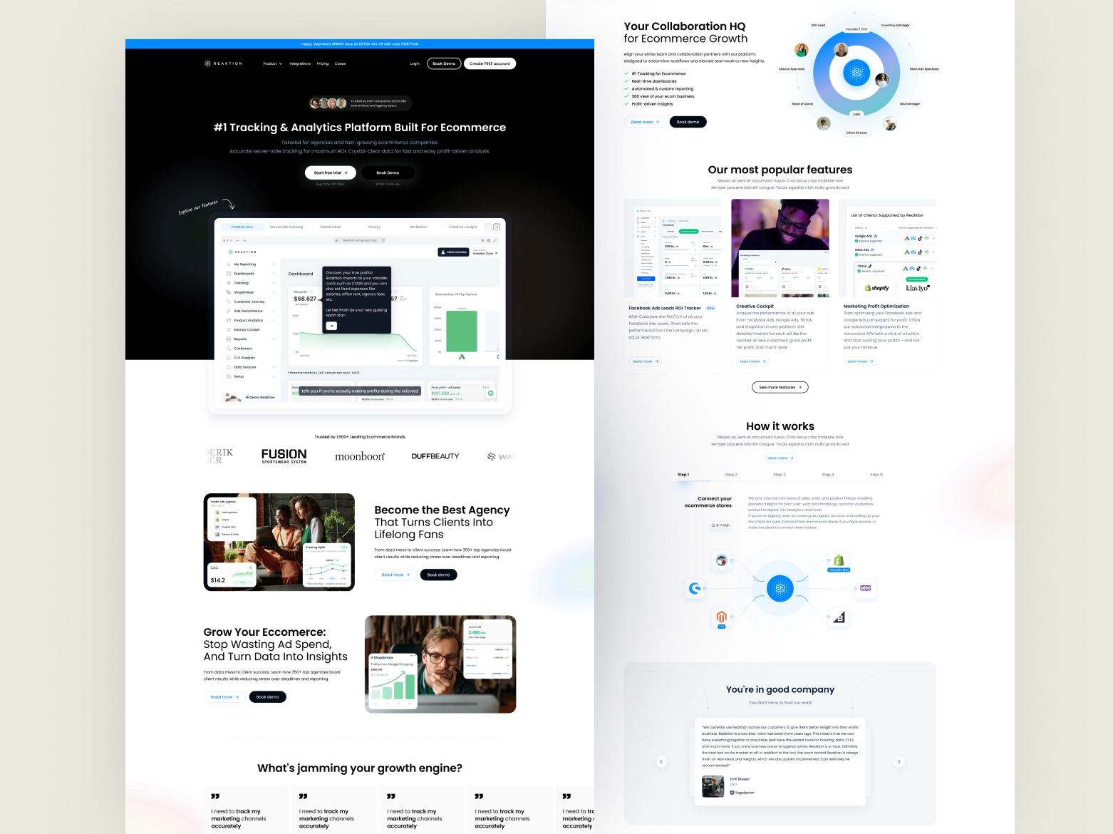 Reaktion marketing site, home page and features page