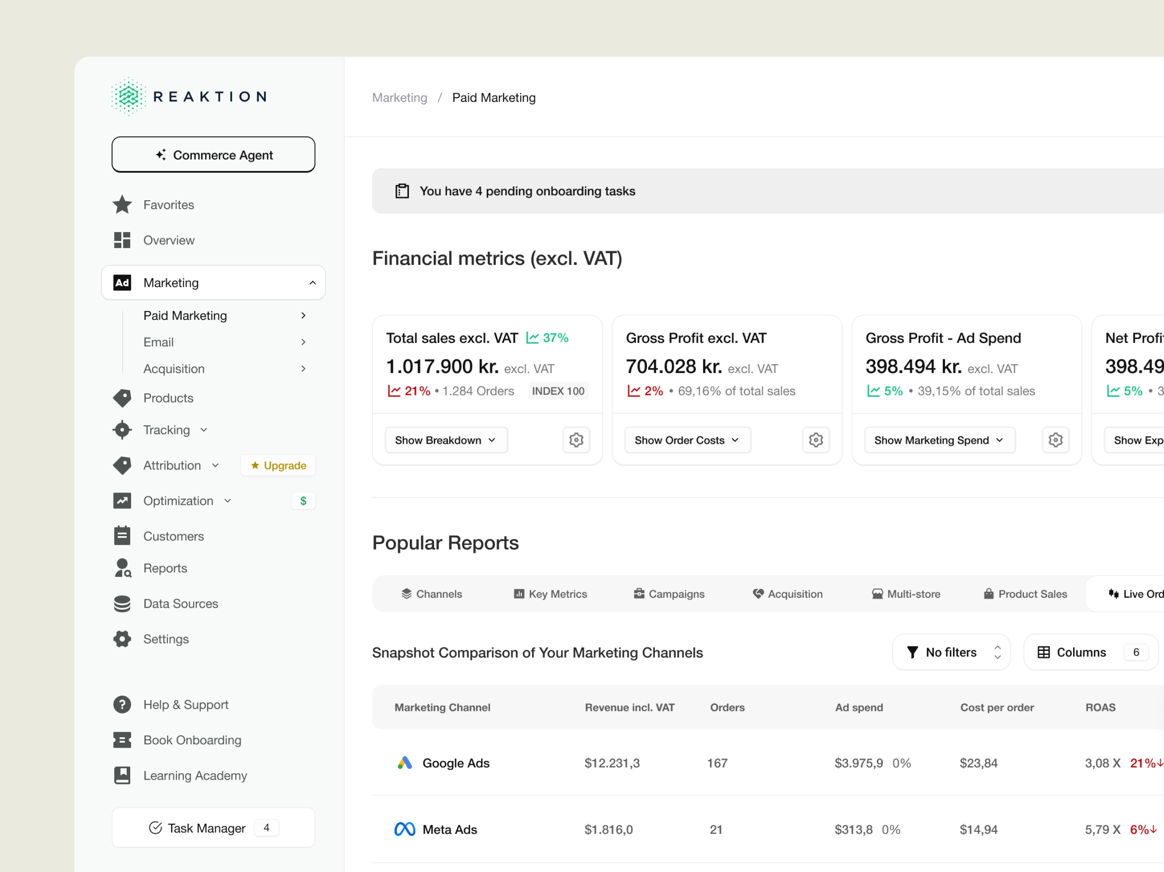 Reaktion product dashboard, paid marketing financial metrics