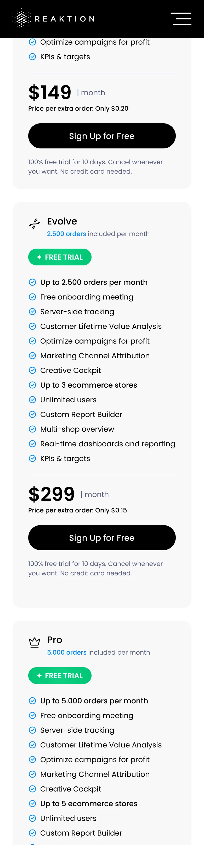 Reaktion pricing plans on mobile